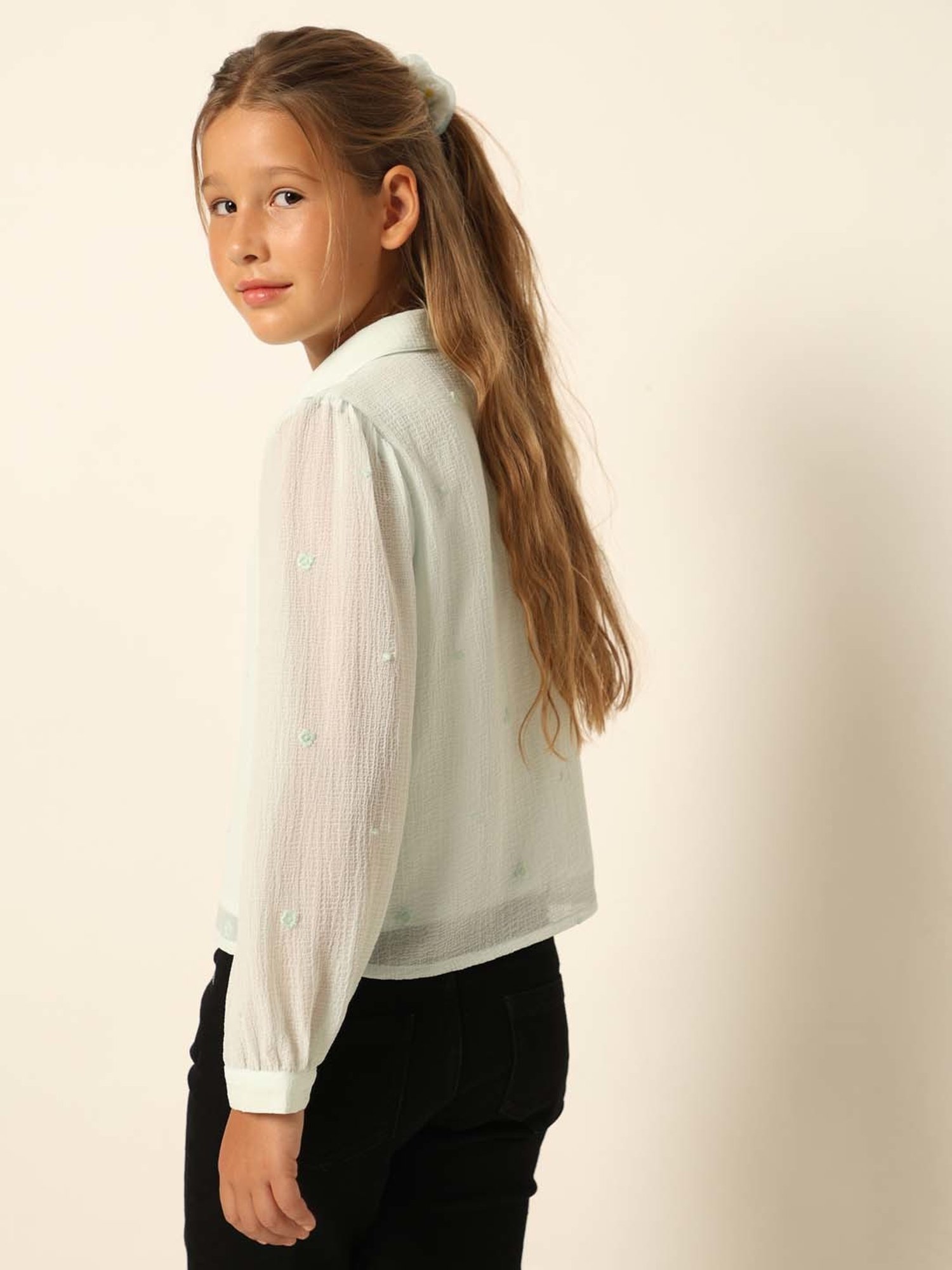 VERO MODA GIRL Aqua Blue Embroidered Full Sleeves Shirt