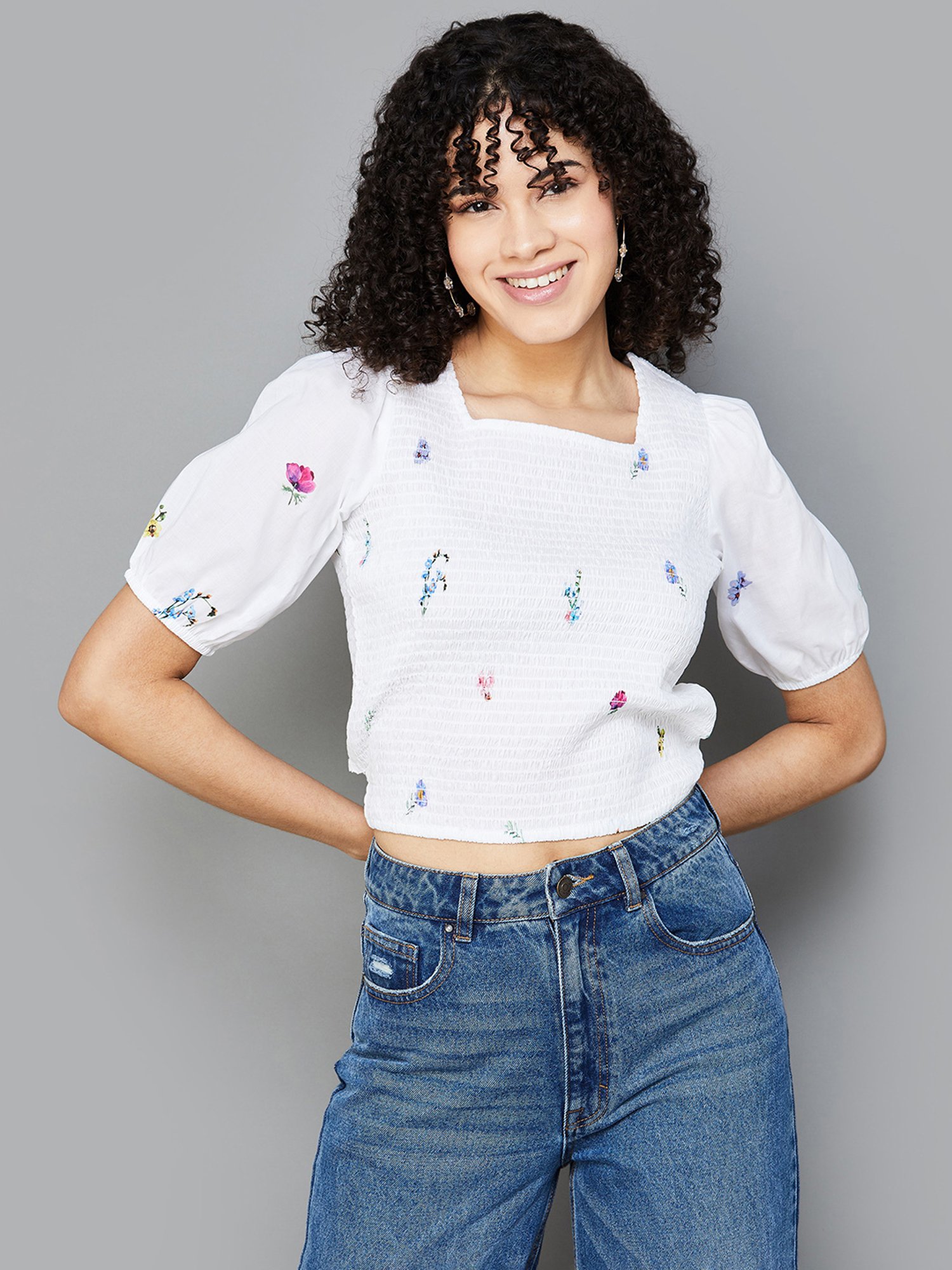Colour Me by Melange White Cotton Floral Print Crop Top