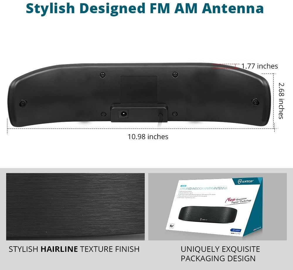 ANTOP AM/FM Antenna Amplified Indoor Radio Antenna 50 Miles Range with Adapter Connector and 6ft Coaxial Cable