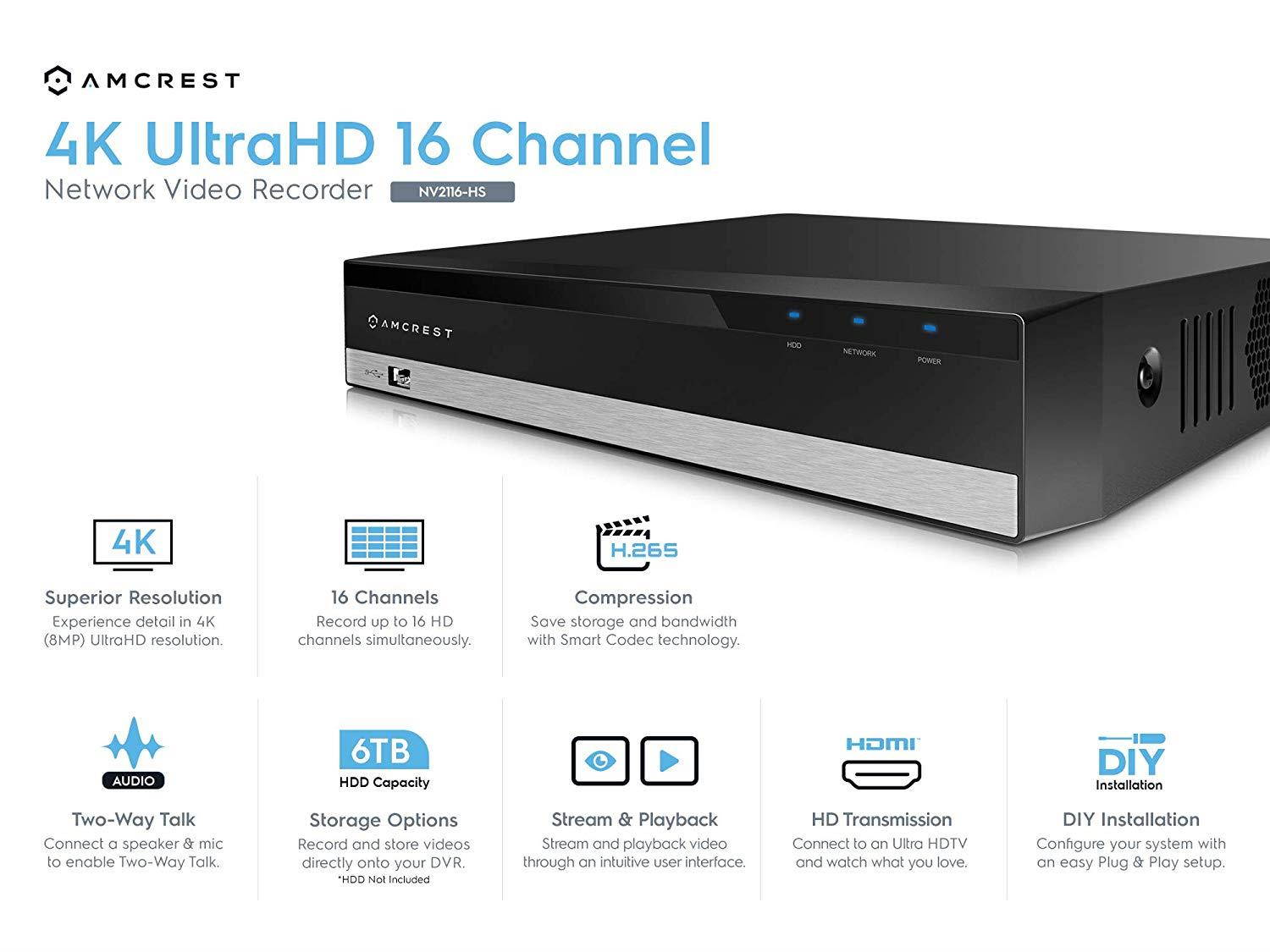 Amcrest NV2116-HS 16CH 1080P/3MP/4MP/5MP/6MP/4K Network Video Recorder, 16-Channel NVR, Pre-Installed 3TB Hard Drive (No Built-in WiFi) (NV2116-3TB)