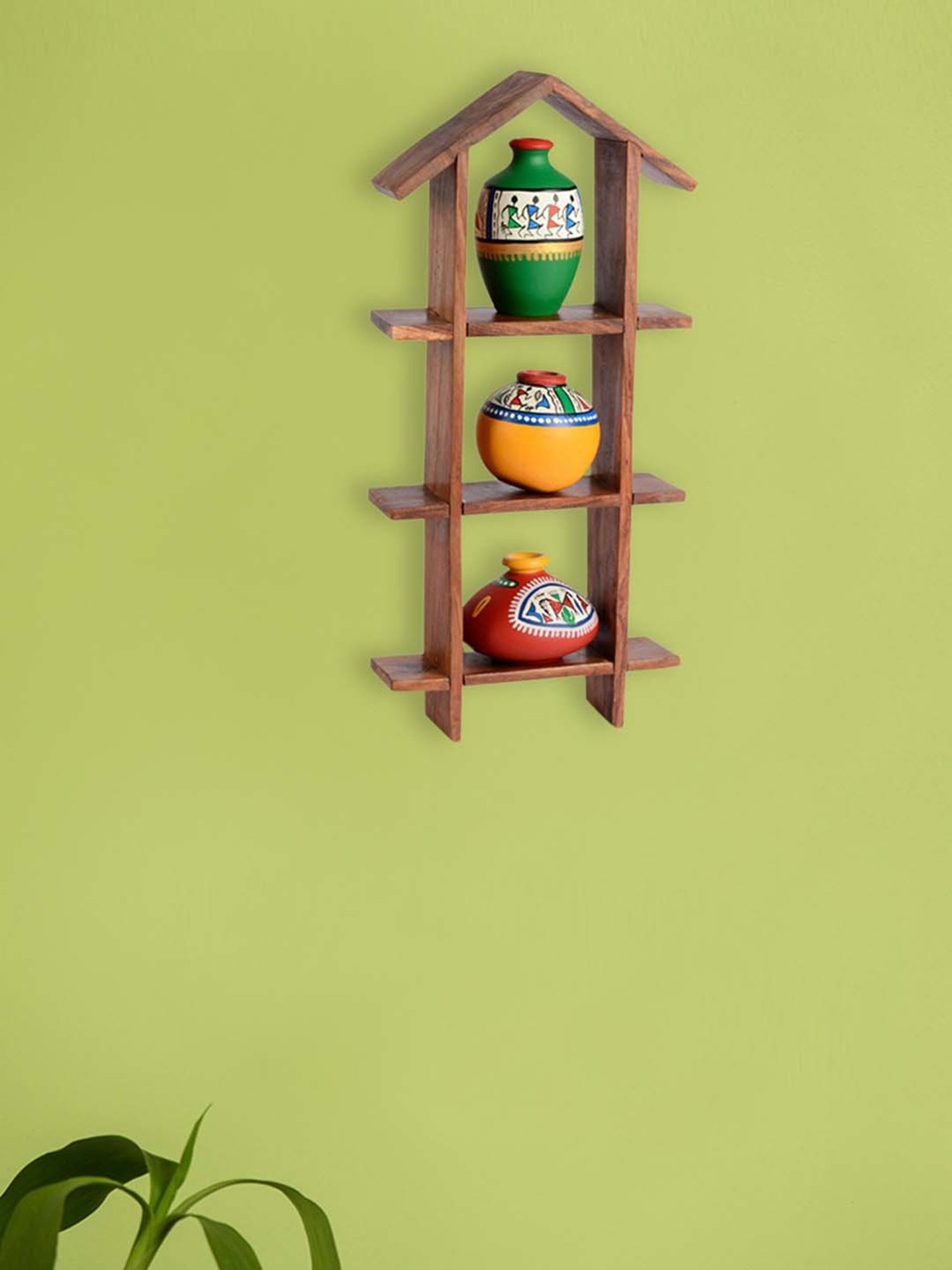 ExclusiveLane 3 Terracotta Warli Handpainted Pots With Sheesham Wooden Hut Frame Wall Hanging