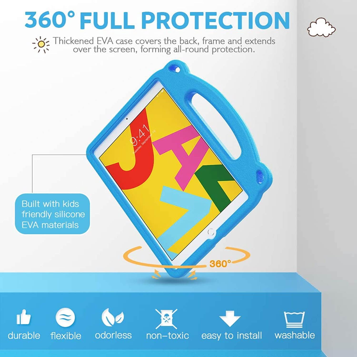 MoKo Case Fit iPad 7th Generation 10.2" 2019/iPad 10.2 Case/iPad Air (3rd Generation) 10.5" 2019/iPad Pro 10.5 2017, Kids Friendly EVA Foam Shock Proof Handle Protective Stand Cover Case - Blue