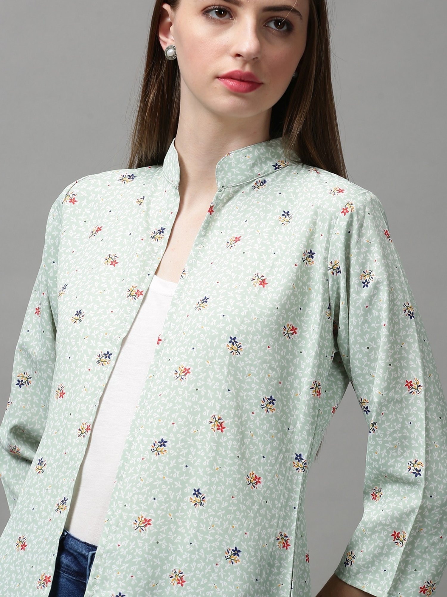 SHOWOFF Sea Green Printed Longline Shrug