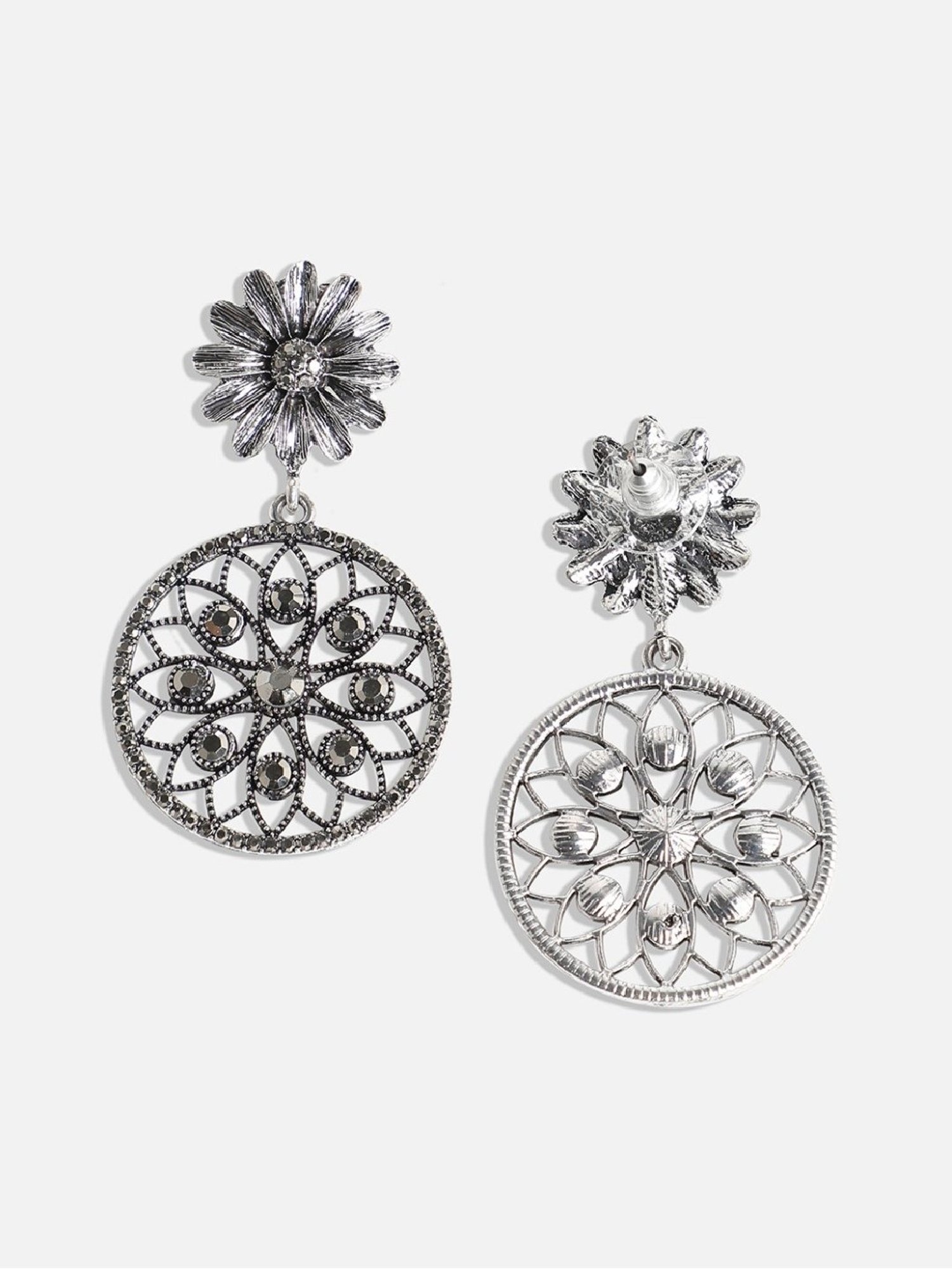 Sohi women's intricate daisy circular drop earrings silver