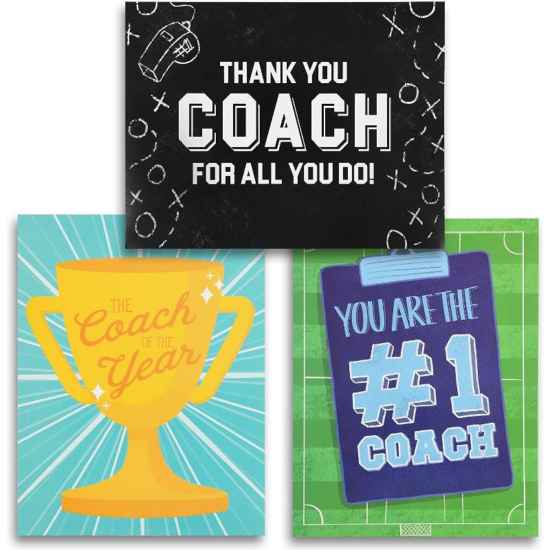 3-Count Jumbo Thank You Coaches Greeting Cards with White Envelopes, Assorted Designs, Letter Size 11 x 8.5 inches