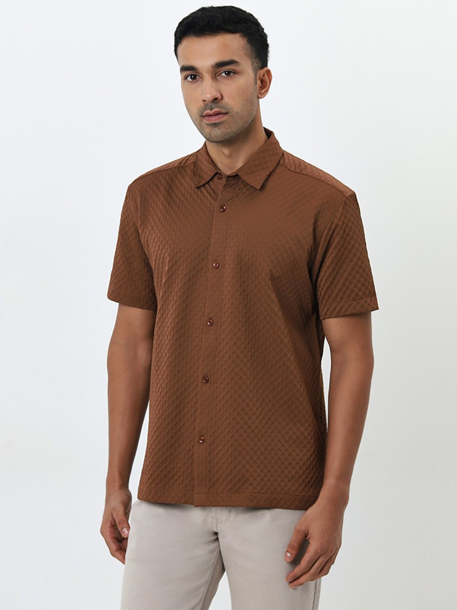 Ascot by Westside Tan Geometric Pattern Relaxed-Fit Shirt