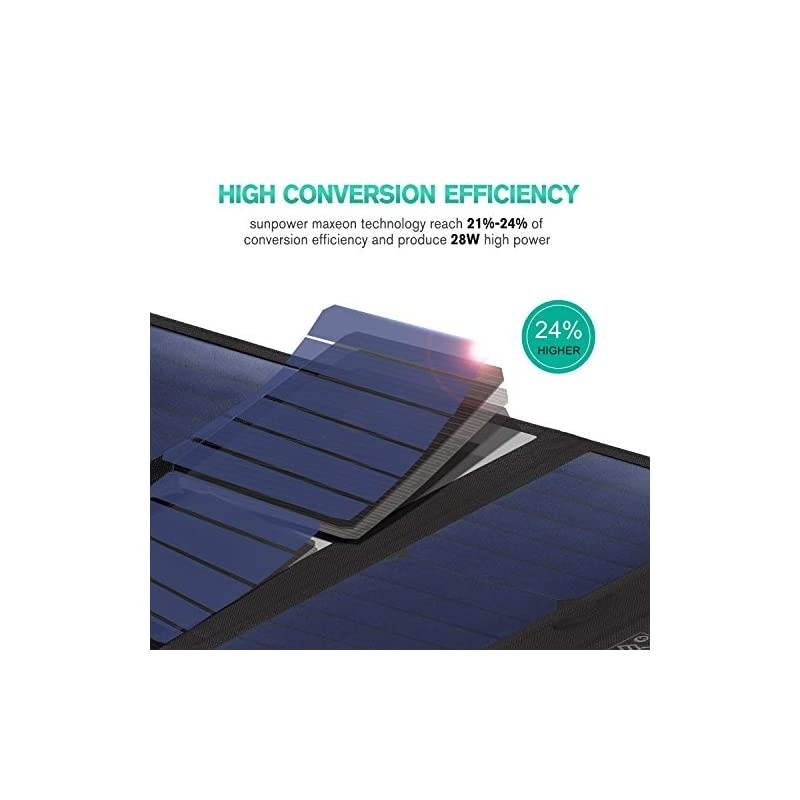 28W Foldable Portable Solar Charger with 2 USB Port, IPX4 Waterproof Hiking Camping Gear Sunpowered Charger Compatible with iPhone 12/11/11pro/Xs, iPad, MacBook, Samsung Galaxy, Camera etc.