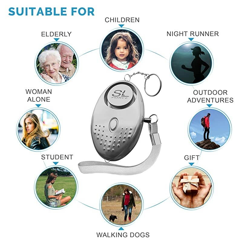 Alarm Siren Song 130dB Safesound Alarms for Women Keychain with LED Light Emergency Self Defense for Kids Elderly Security Sound Whistle Safety Siren Silver