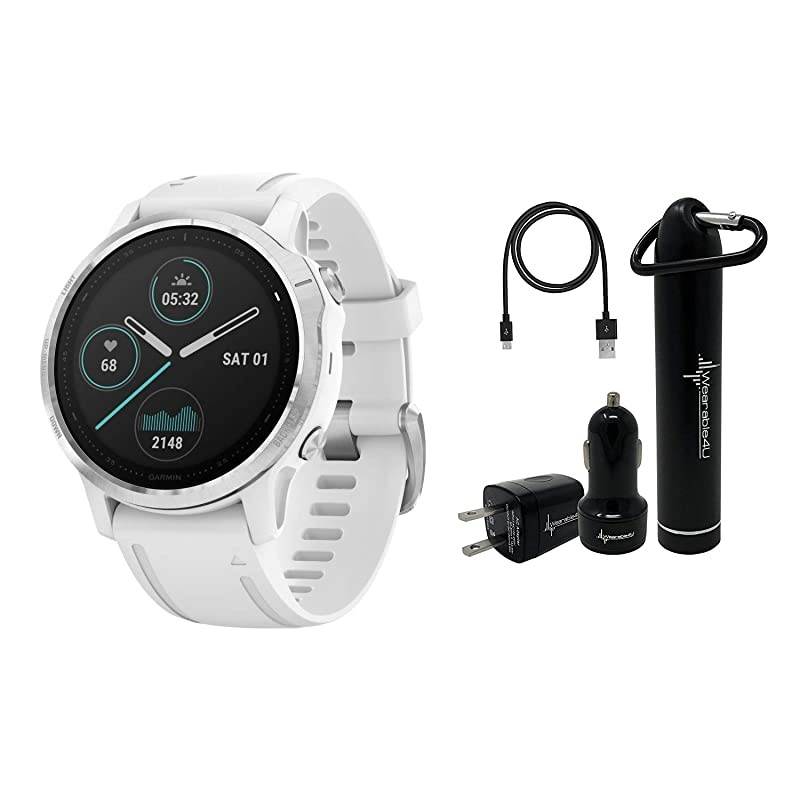 Garmin Fenix 6S Smaller-Sized Multisport GPS Watch with Wrist-Based Heart Rate Pulse Ox and  Ultimate Power Bundle (Standard/White with White Band)