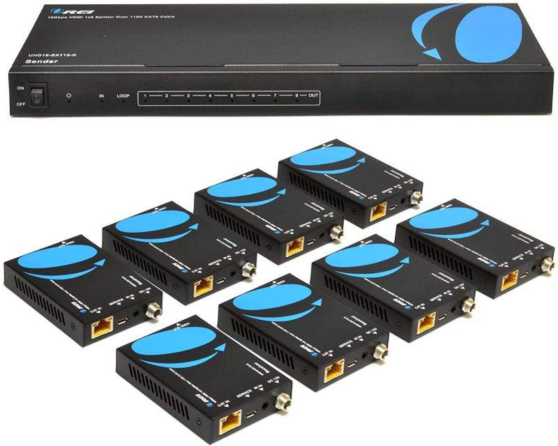 4K 1x8 HDMI Extender Splitter by OREI Multiple Over Single Cable CAT6/7 4K@60Hz 4:4:4 HDCP 2.2 with IR Remote EDID Management - Up to 115 Ft - Loop Out - Low Latency - Full Support