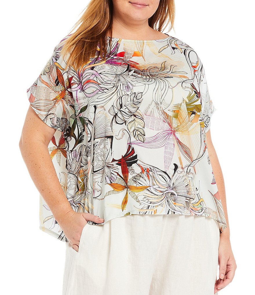 Bryn Walker Plus Size Bess Jewel Neck Short Sleeve Boxy Floral Print Blouse