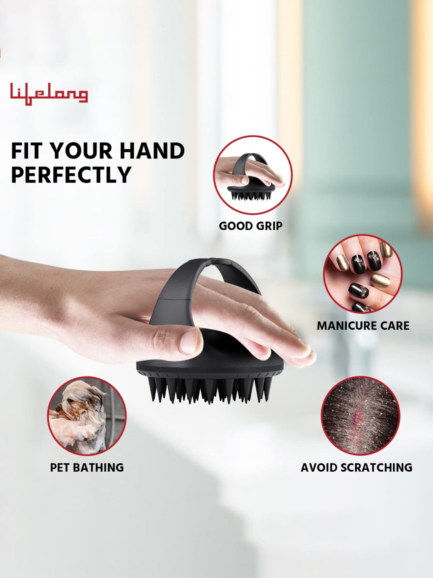 Lifelong LLM657 Silicone Scalp Massager Shampoo Brush with Body Scrubber (Black)