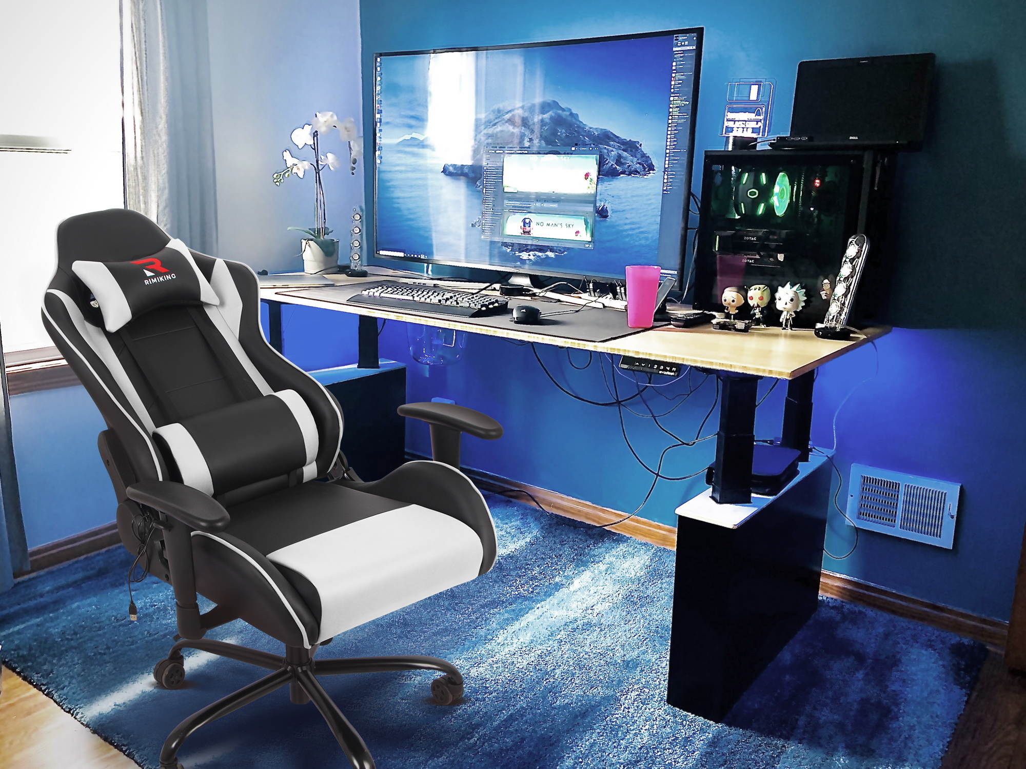 RIMIKING Massage Racing High Back Ergonomic  Computer Gaming Chair  Soft Headrest&Backrest Desk Chair Swivel Adjustable Armrest  Office Chair