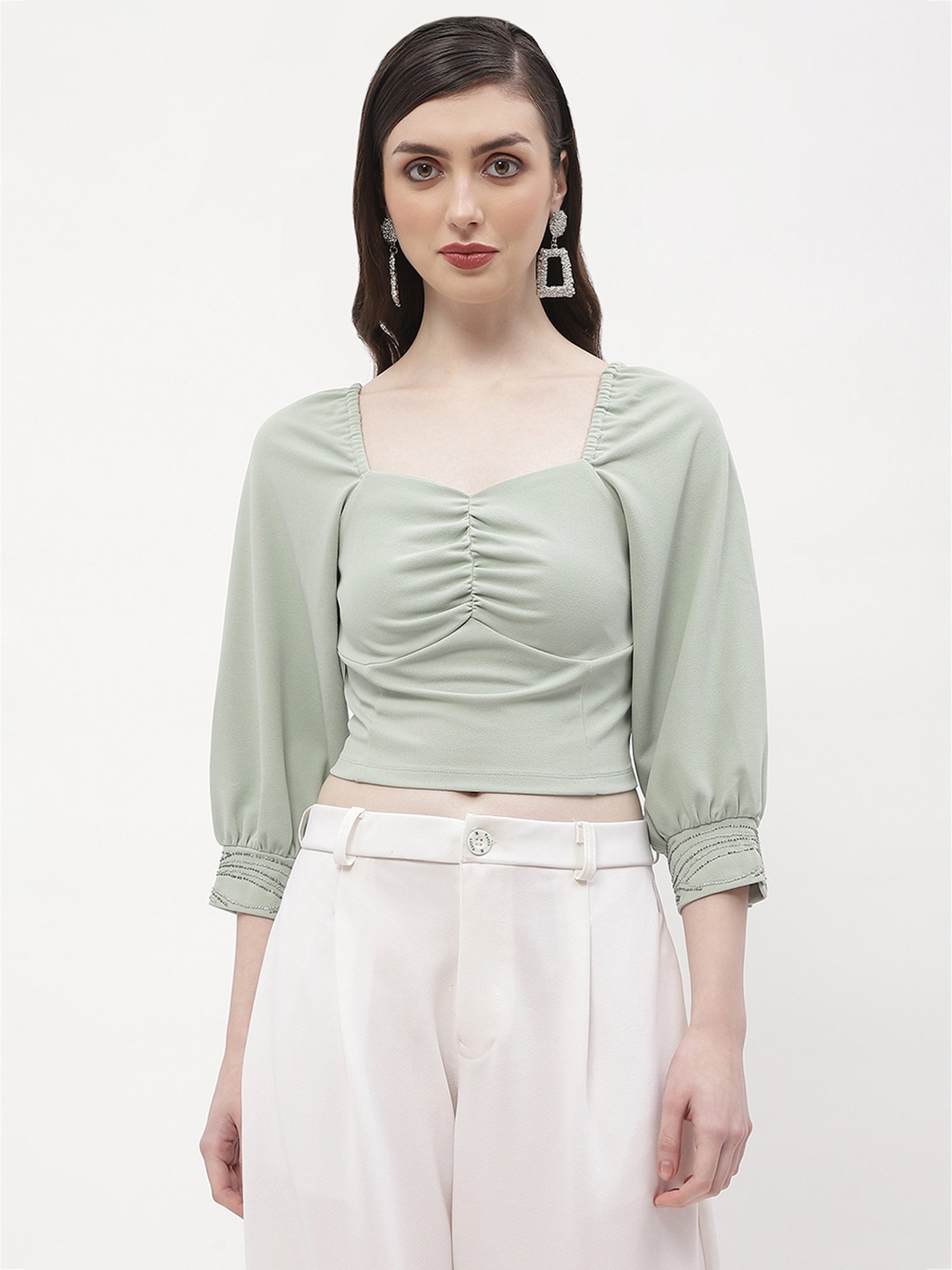 MADAME Green Embellished Crop Top