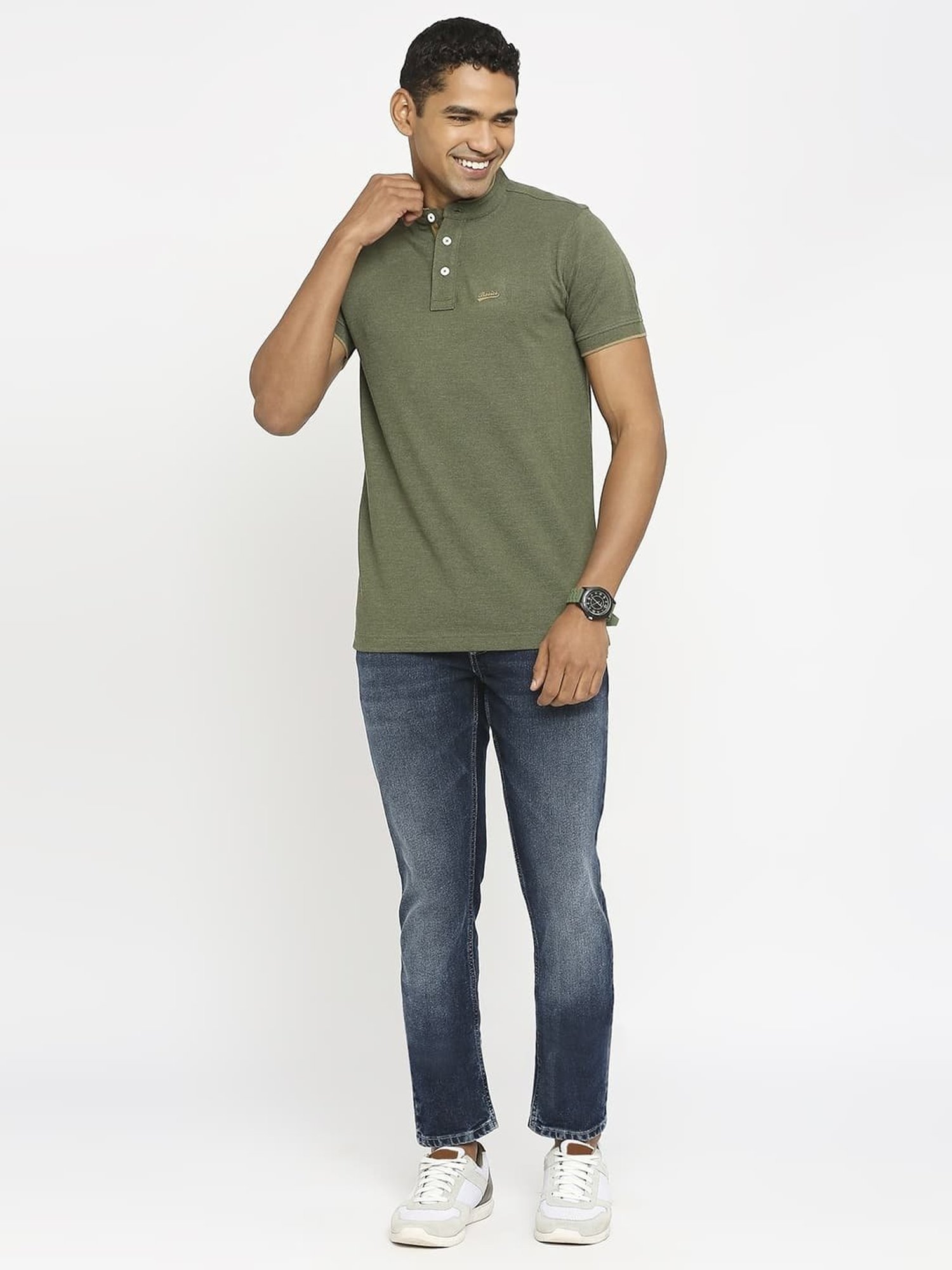 Basics Green Cotton Muscle Fit Henley T-Shirt