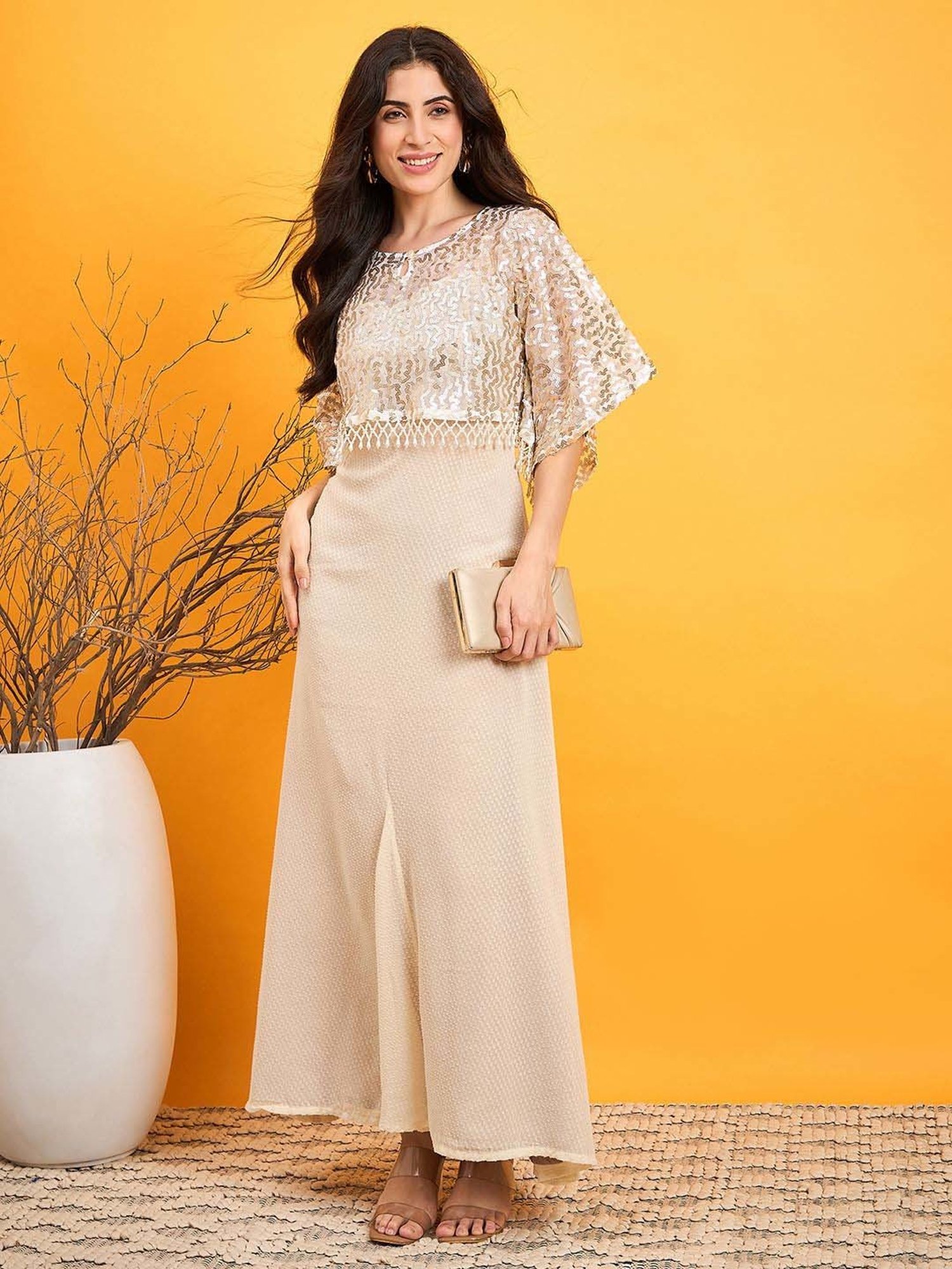 The Kaftan Company Beige Self Pattern Maxi Dress