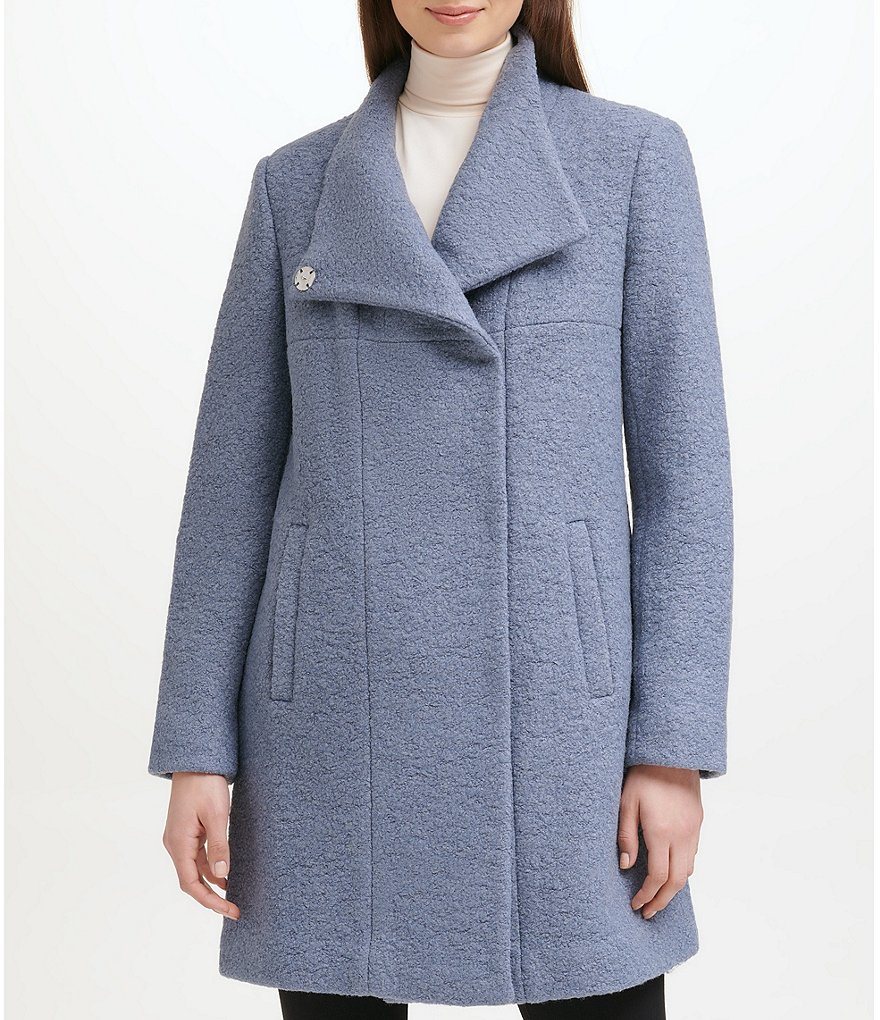 Kenneth Cole New York Asymmetrical Pressed Boucle Wool Wide Lapel Collar Coat