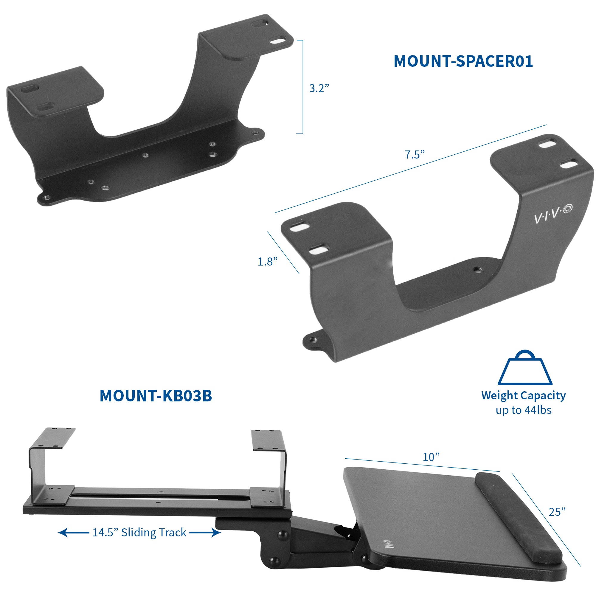 VIVO Adjustable Under Desk Keyboard Mouse Sliding Tray Mount and Dual Spacer Bracket Combo (MOUNT-KB03B-KIT1)