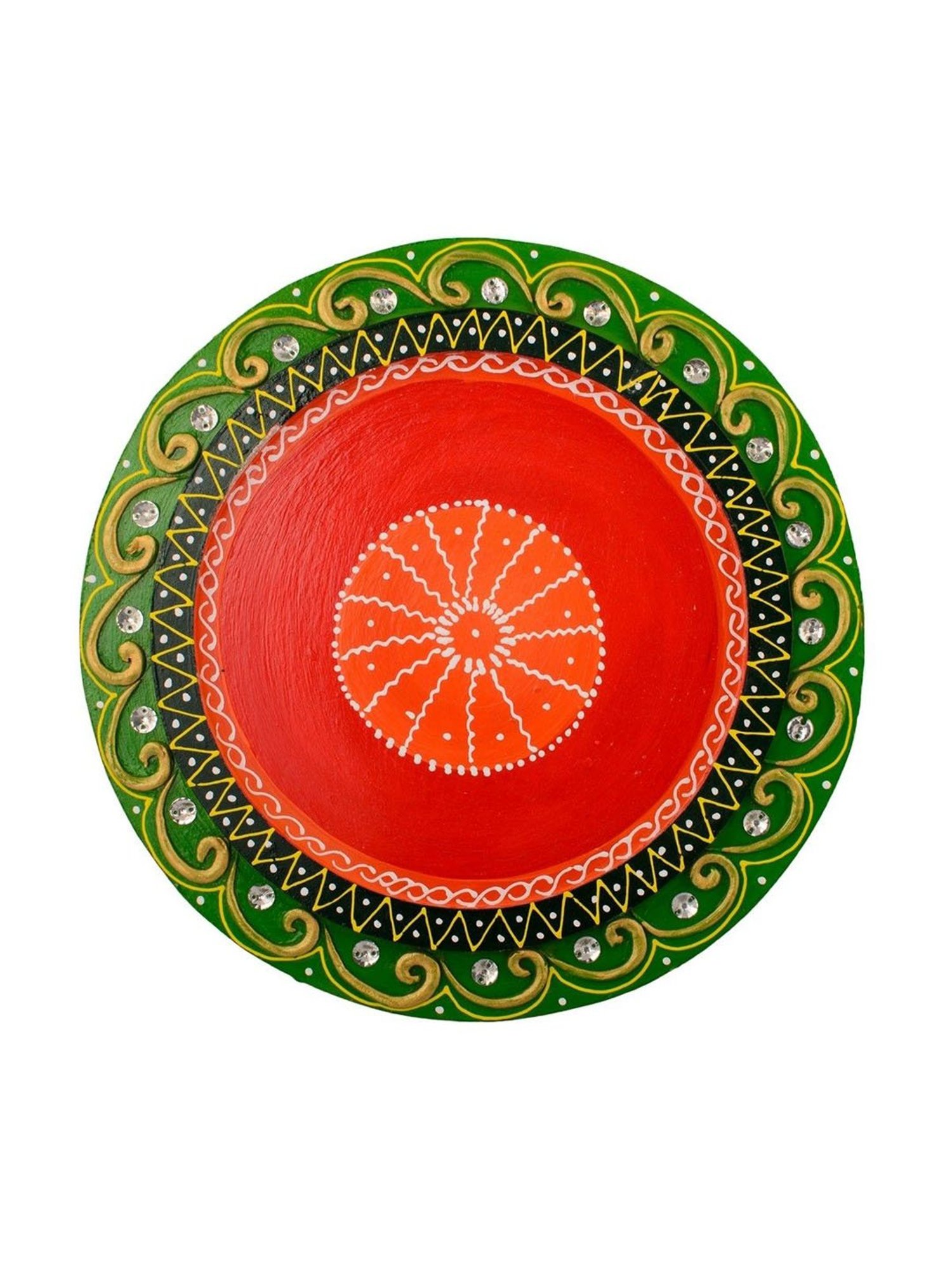 eCraftIndia Wooden Papier Mache Embossed Round Shape Pooja Thali