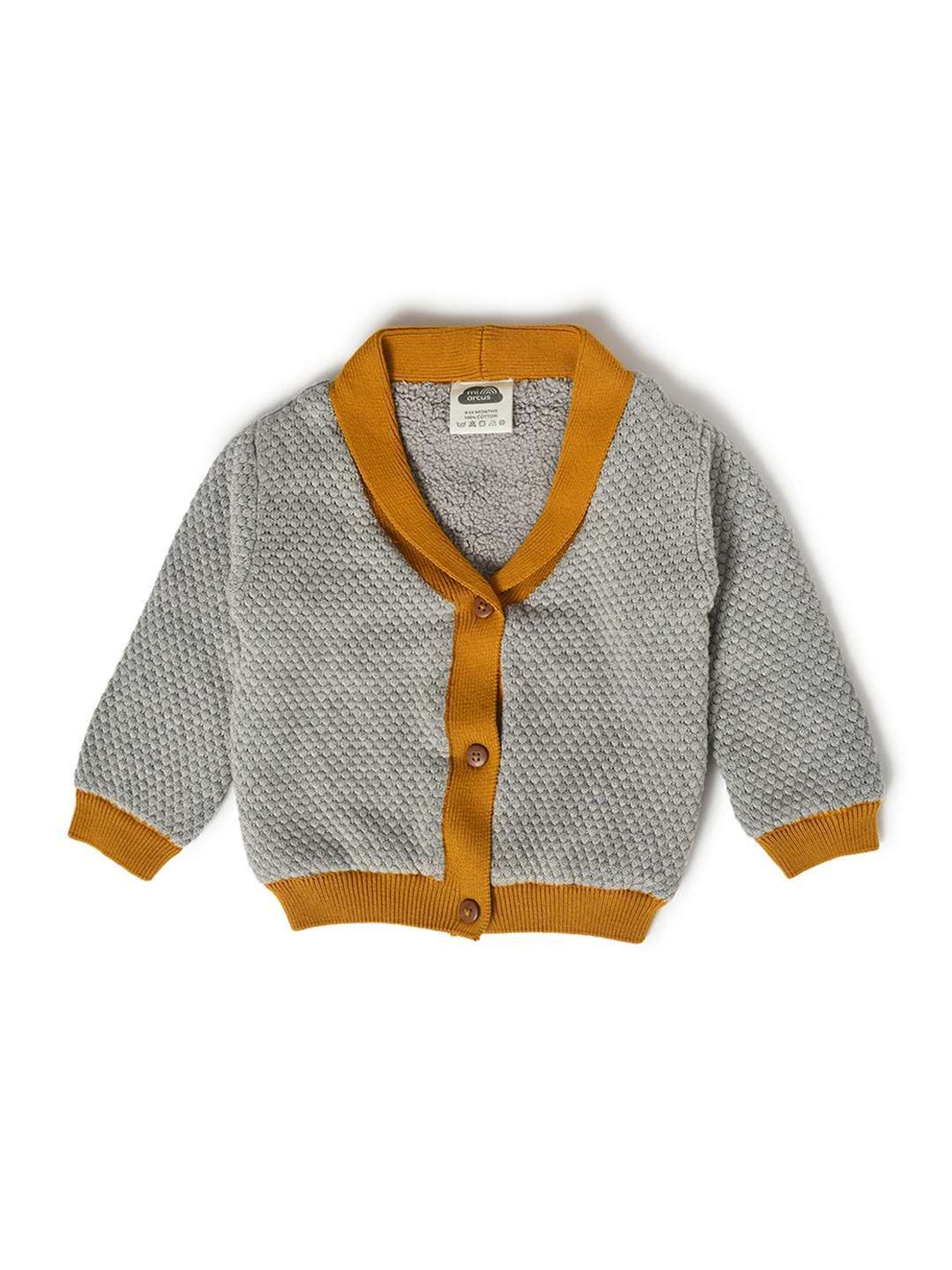 MiArcus Kids Grey & Yellow Cotton Textured Pattern Full Sleeves Cardigan