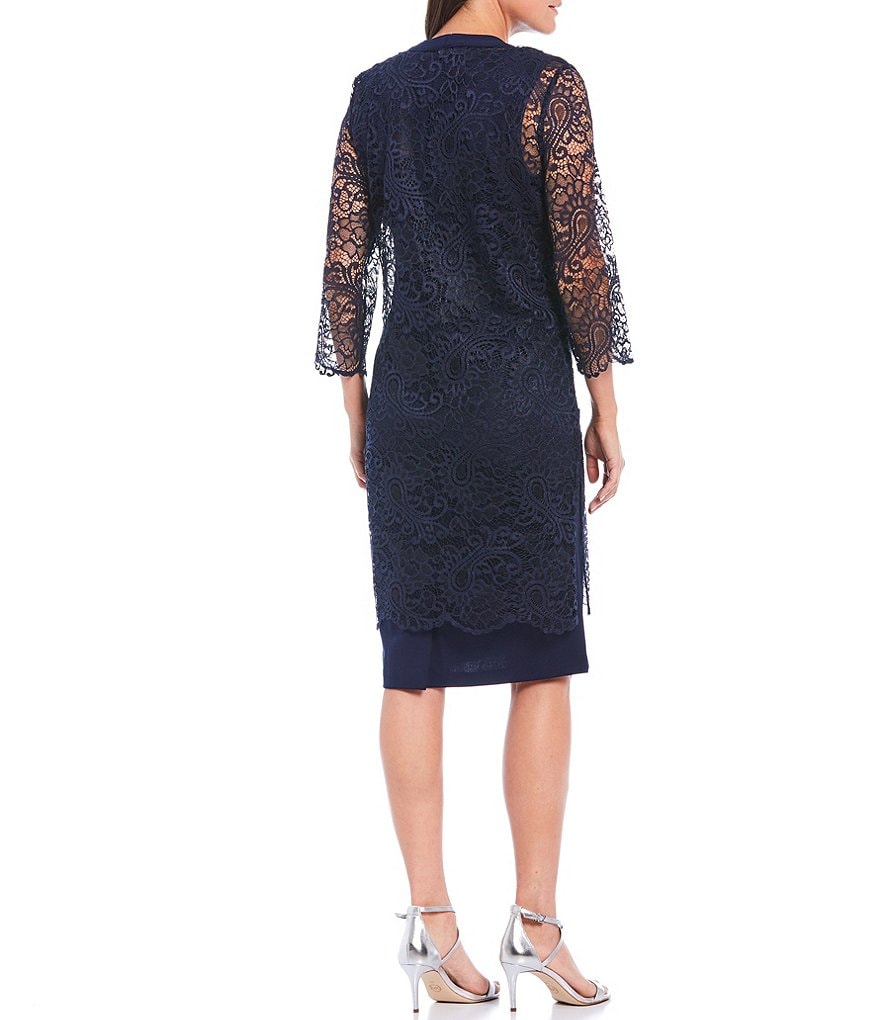 Le Bos Scalloped Lace V-Neck 3/4 Sleeve Jacket Dress