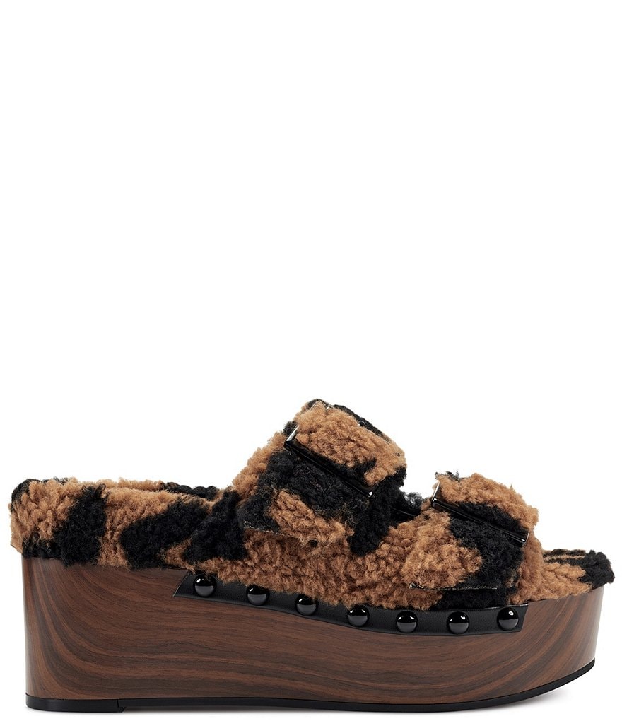Jessica Simpson Cyriss Leopard Print Faux Shearling Buckle Wedges