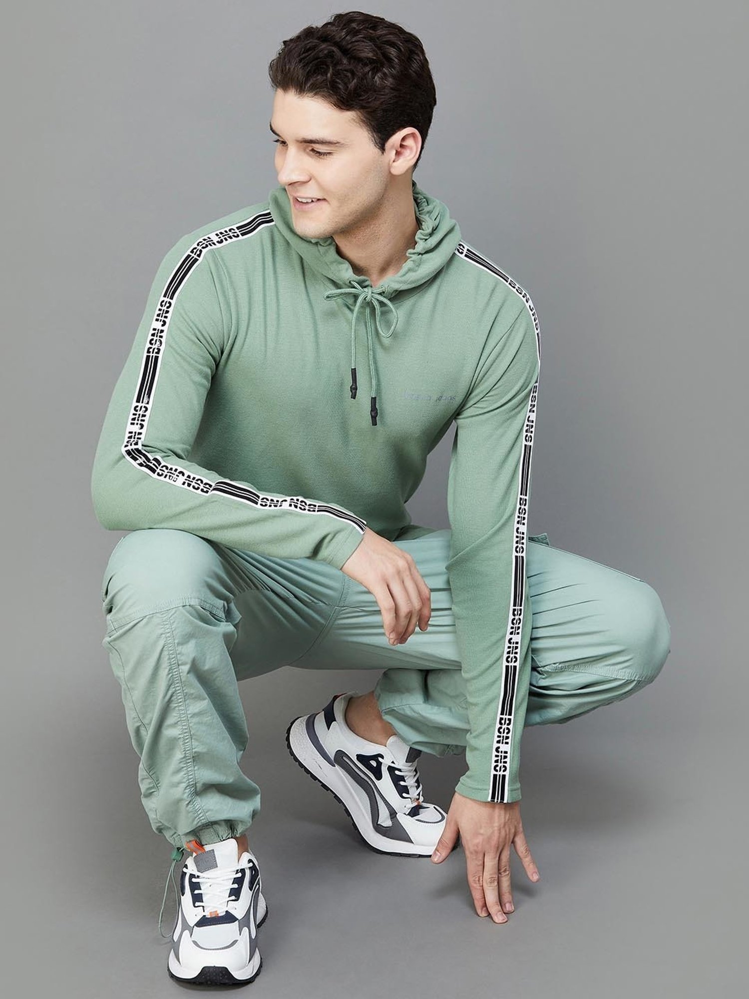 BOSSINI Sage Green Regular Fit Printed Hooded T-Shirt