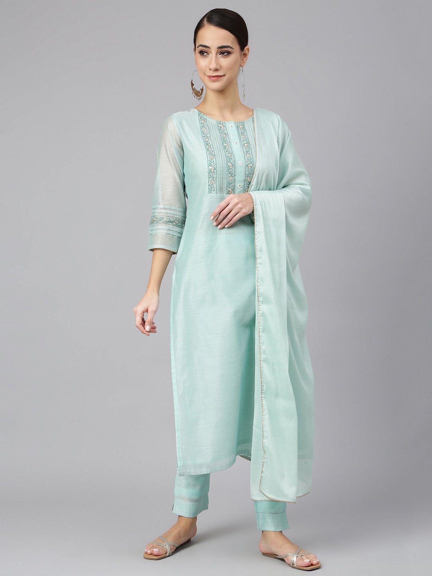 Janasya Sea Blue Embroidered Kurta Pant Set With Dupatta