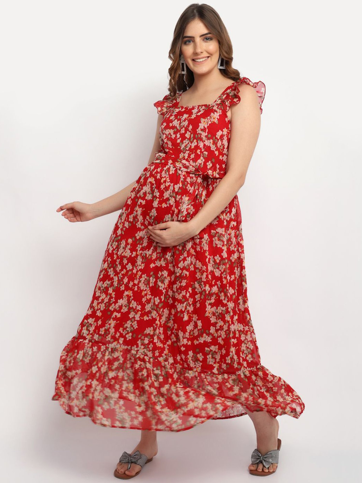 Moms Maternity Red Printed Dress