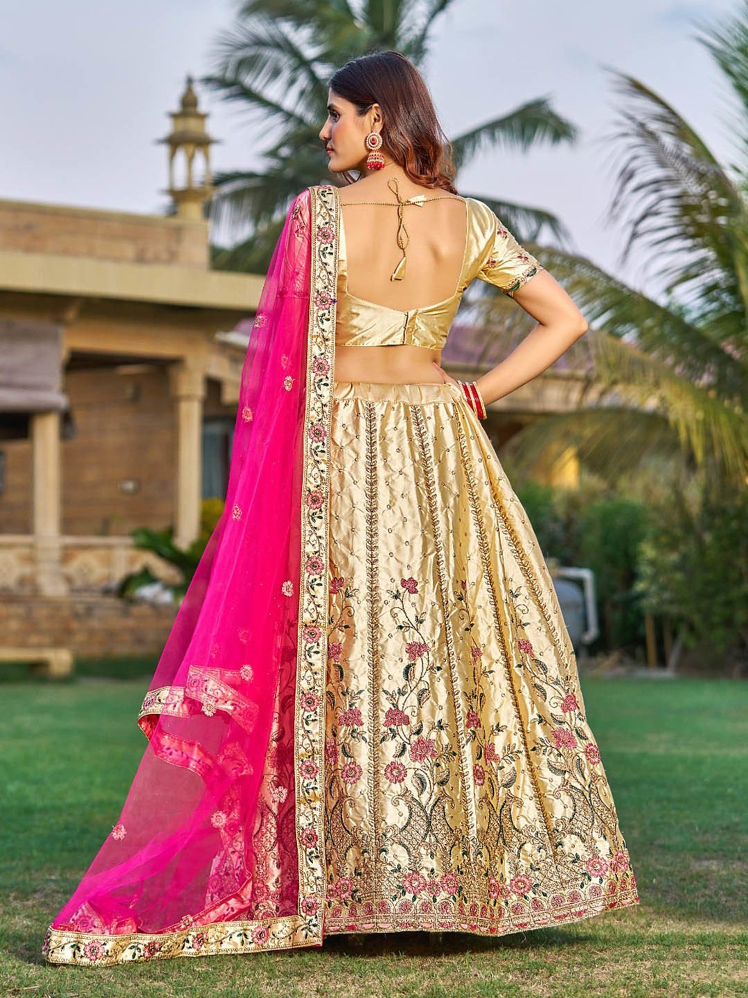 Silk Land Beige & Blue Woven Pattern Semi Stitched Lehenga Choli Set With Duppata