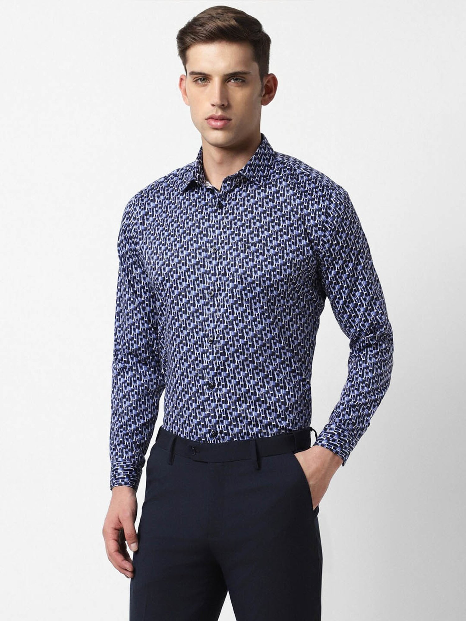 V Dot Mid Blue Slim Fit Printed Shirt