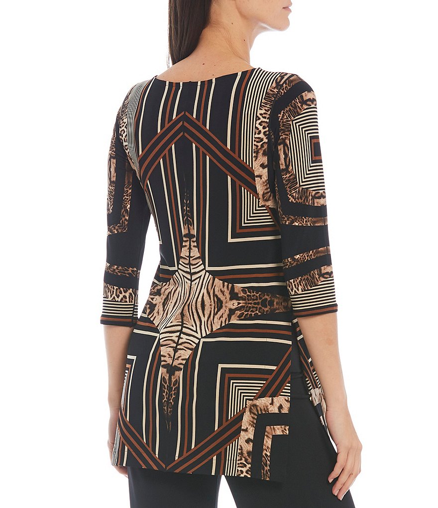 Eva Varro Medallion Geo Print Boat Neck 3/4 Sleeve Knit Tunic