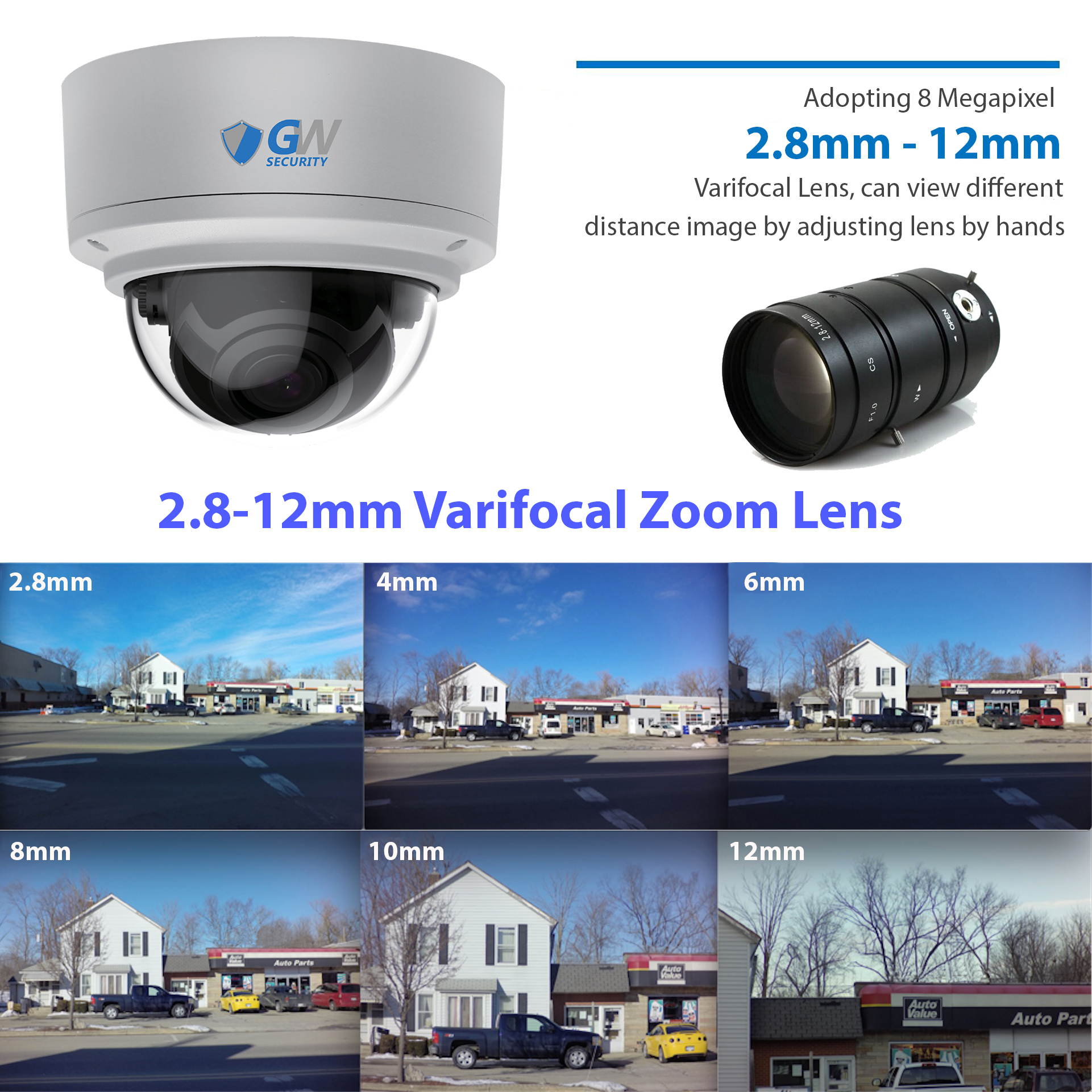 GW Security 4K (3840x2160) IP PoE Outdoor Indoor Starlight Color Night Vision 8MP Dome cameras, 2.8-12mm Varifocal Manual Zoom Lens, 120FT Night Vision