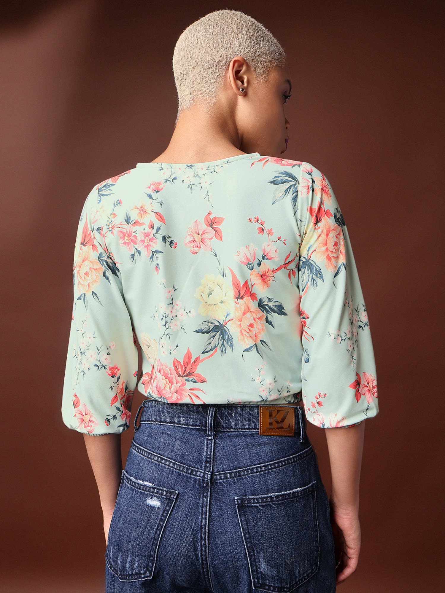 PURVAJA Light Green Floral Print Crop Top