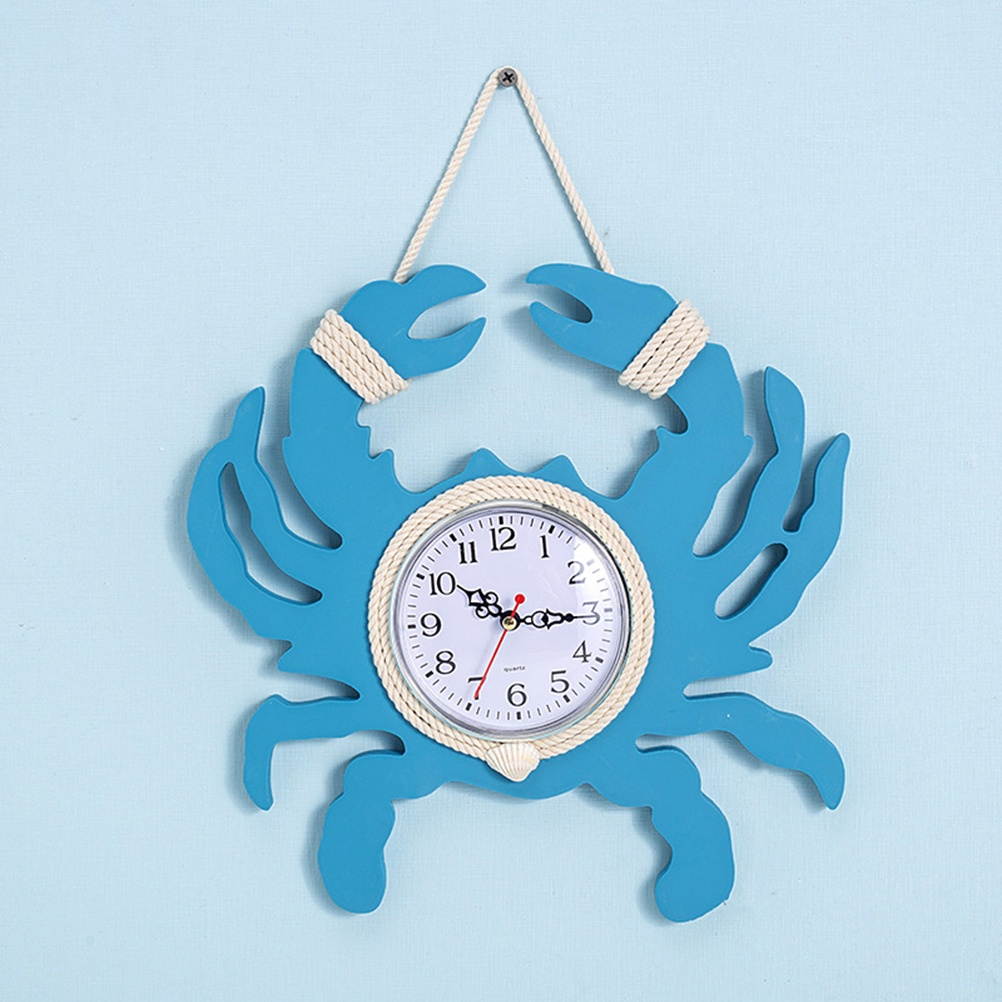 1pc Wooden Crab Wall Clock Silent Wall Clock Non-ticking  Mediterranean Style Wall Clock without Battery (Sky-blue)