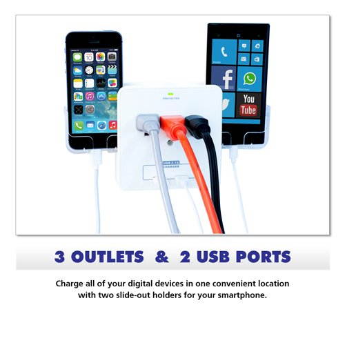 RND Power Solutions Wall Power Station includes 3 AC Plugs and 2 USB ports with Surge Protection and 2 slide-out holders for your Smartphone (White) (2-pack back 2FT Micro Cables included)