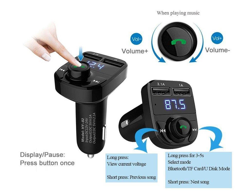FM Transmitter for Car, FlatFin Bluetooth In Car MP3 Player FM Modulator Radio Adapter with Dual USB Charger Voltage Display TF Slot USB Music Playing for iPhone Samsung Android Cell Phone/ Tablet