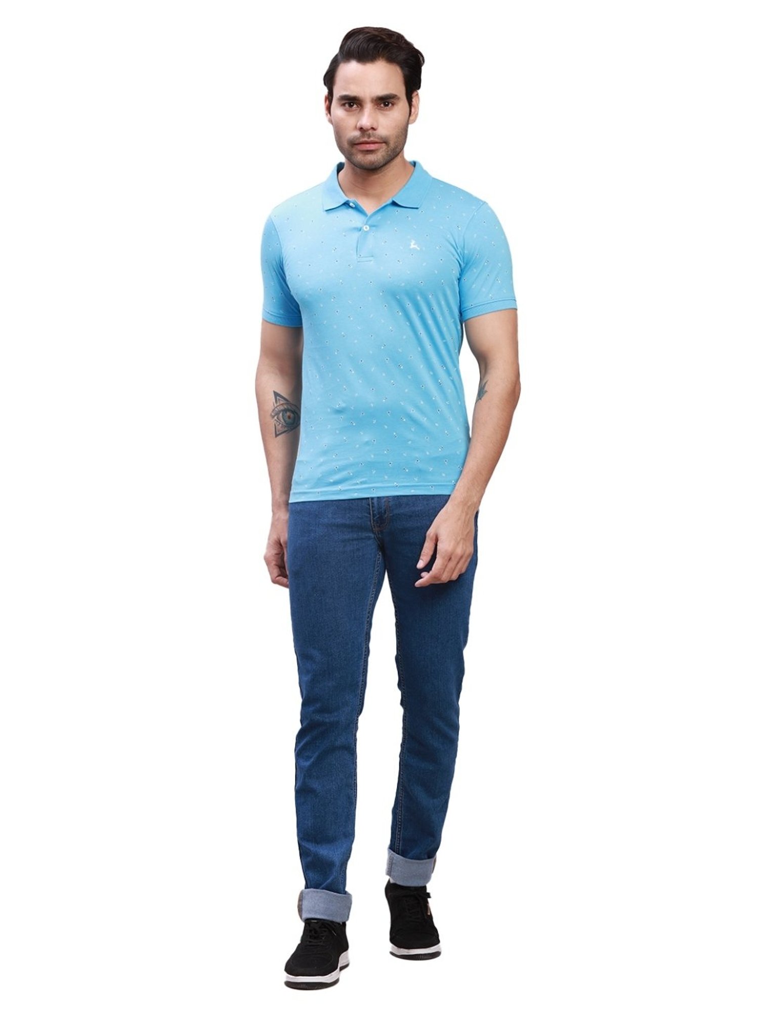 Parx Light Blue Cotton Regular Fit Printed Polo T-Shirt