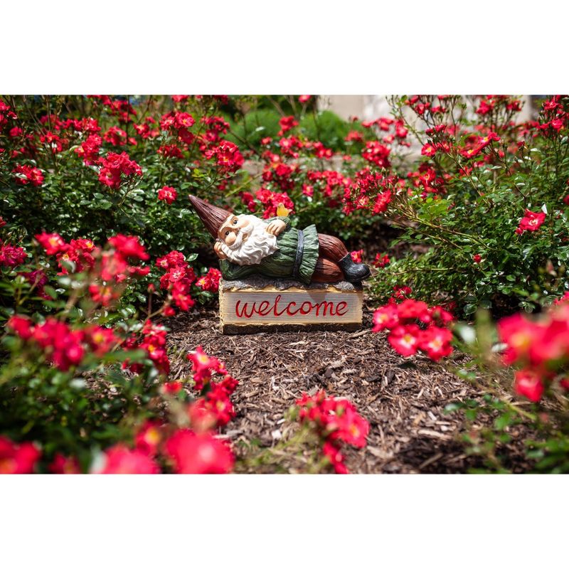 14" Solar Gnome On Welcome Log Resin Statue Green - Exhart