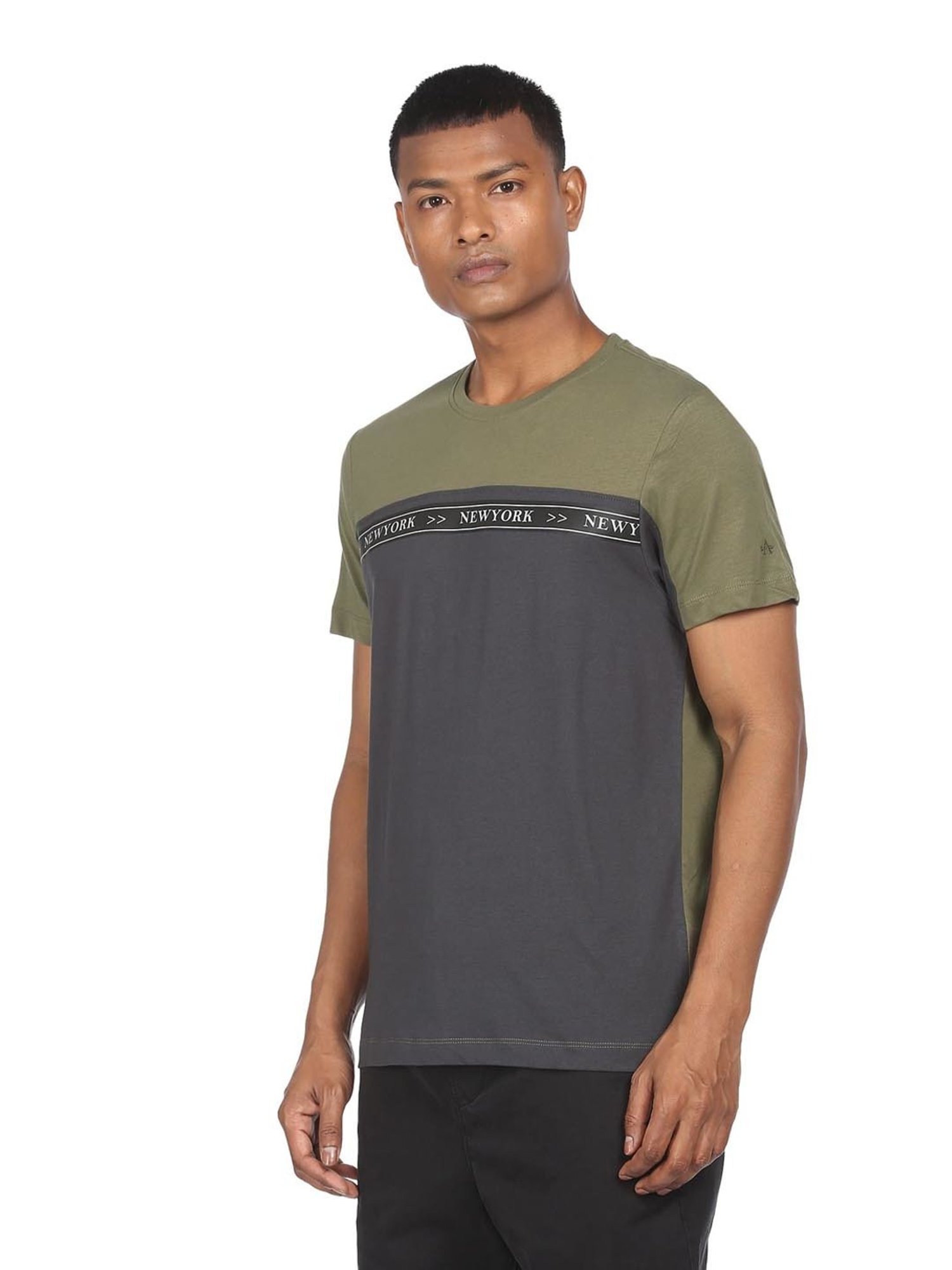 Arrow New York Olive & Grey Cotton Regular Fit Colour Block T-Shirt