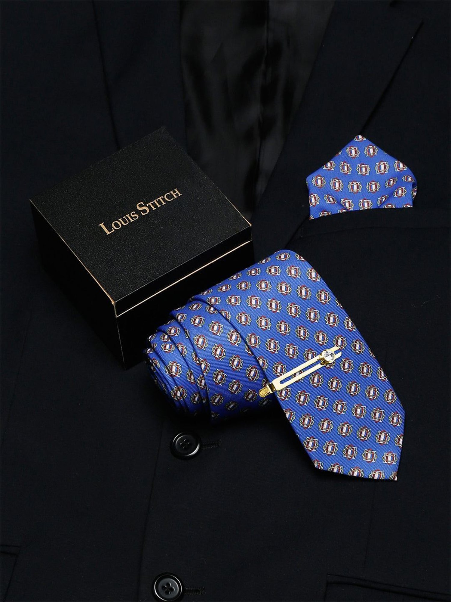 Louis Stitch Blue Printed Necktie Gift Set - Set of 3