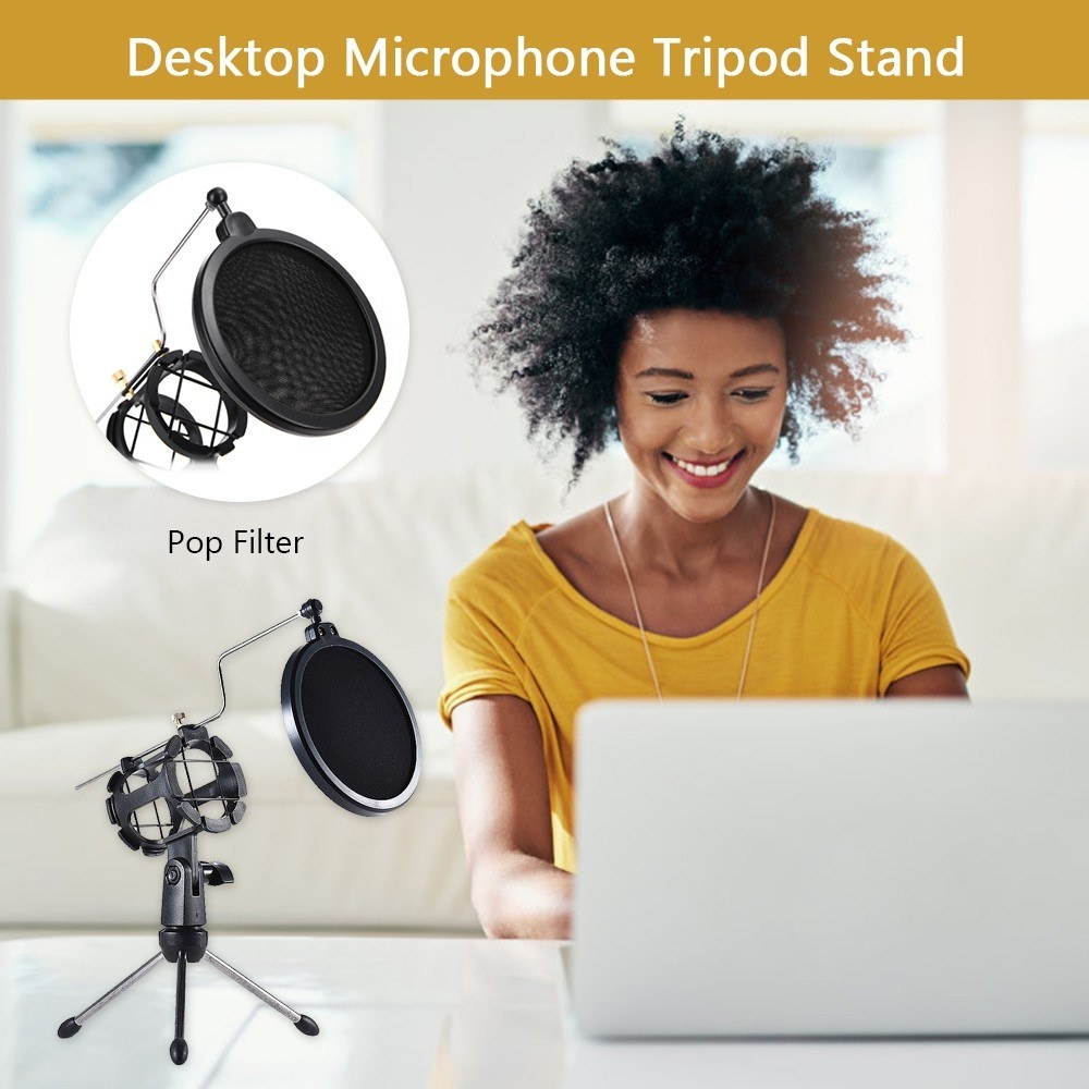 Tripod Stand Foldable Desktop Microphone Bracket with Shock Mount Mic Holder Clip Pop Filter