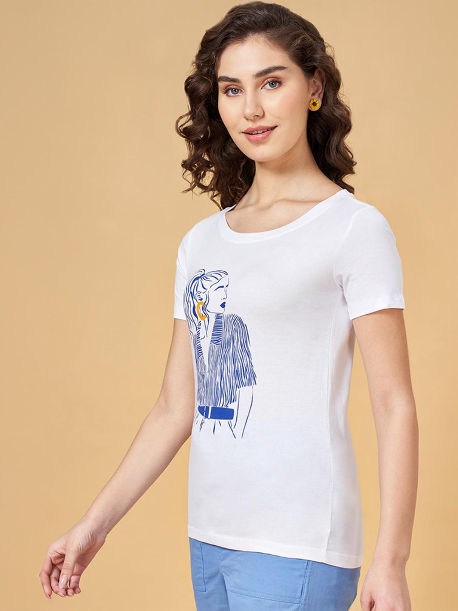 Honey by Pantaloons White Cotton Printed T-Shirt