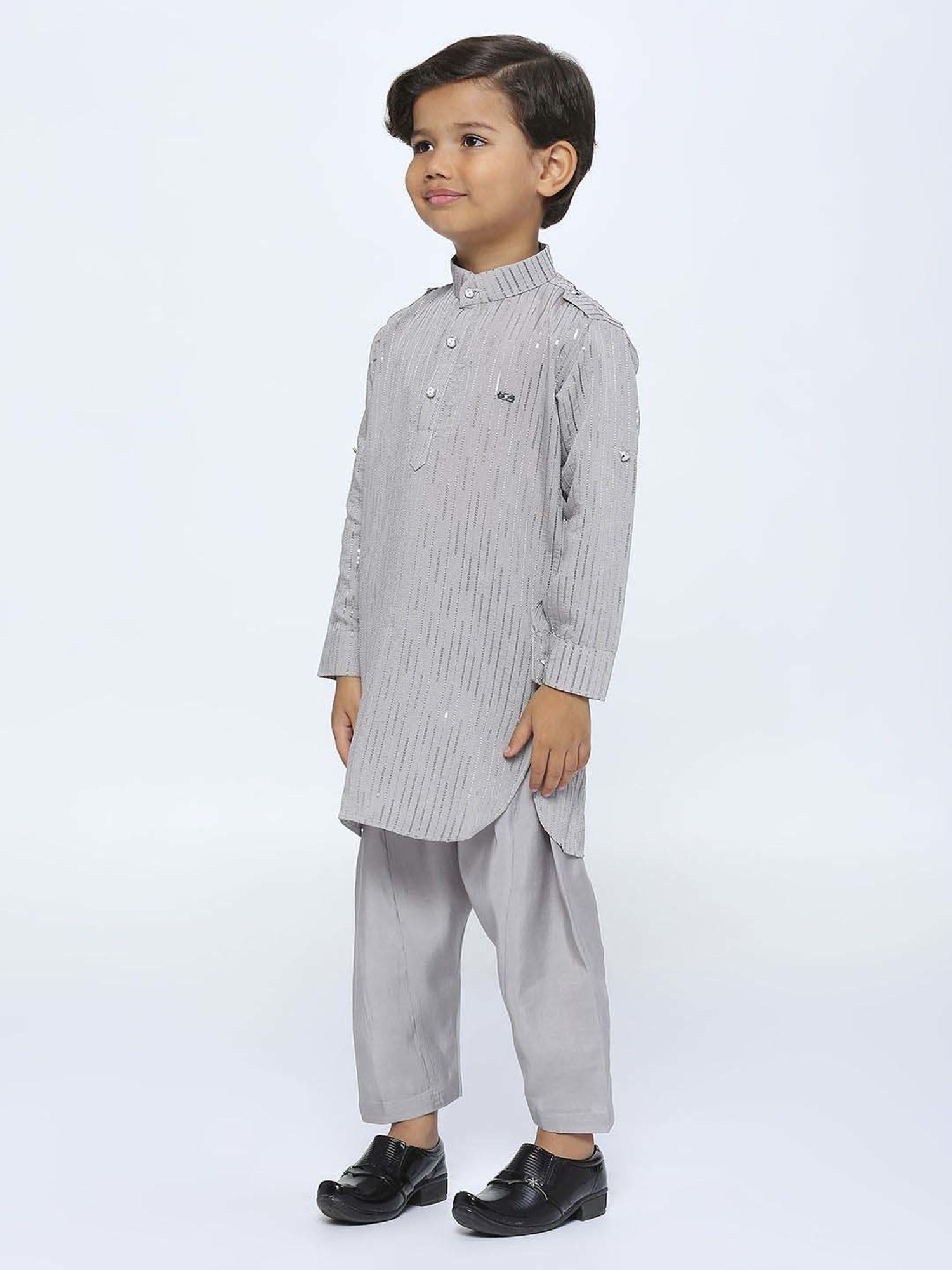 Kids Island Boys Grey Sequence Full Sleeves Kurta Set
