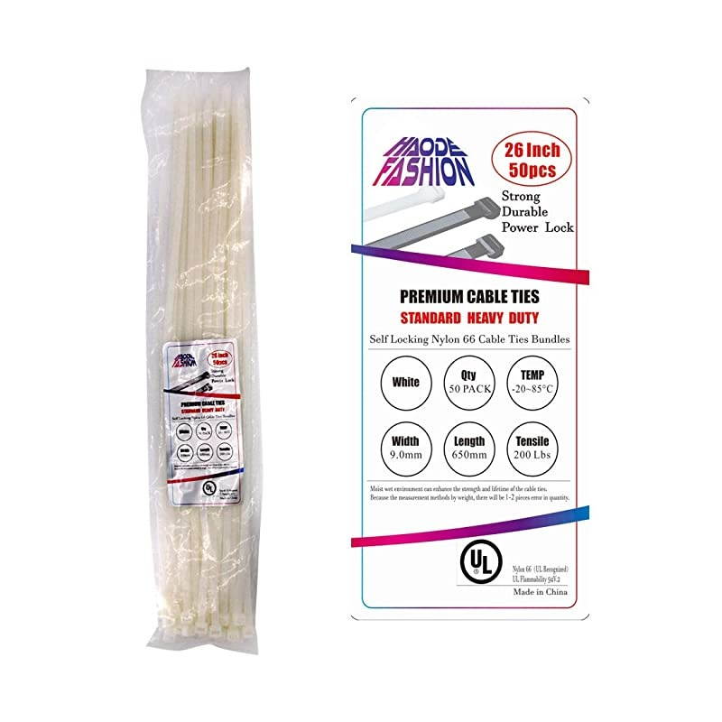 Heavy Duty 26 Inch Nylon Zip Cable Ties ClearLarge 200 LBS Tensile StrengthHeavy Duty Industrial Durable Strong Cable Ties 50 Pack Indoor Outdoor Garden Ties Use26200LB White