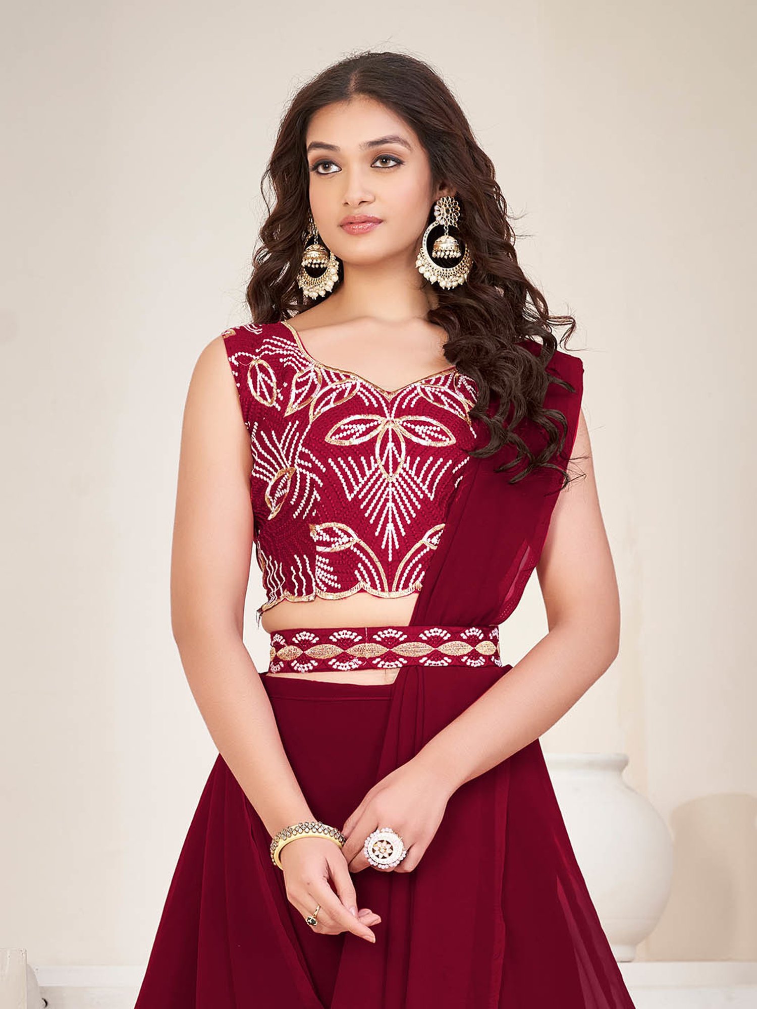 Warthy Ent Maroon Embroidered Lehenga Choli Set With Dupatta