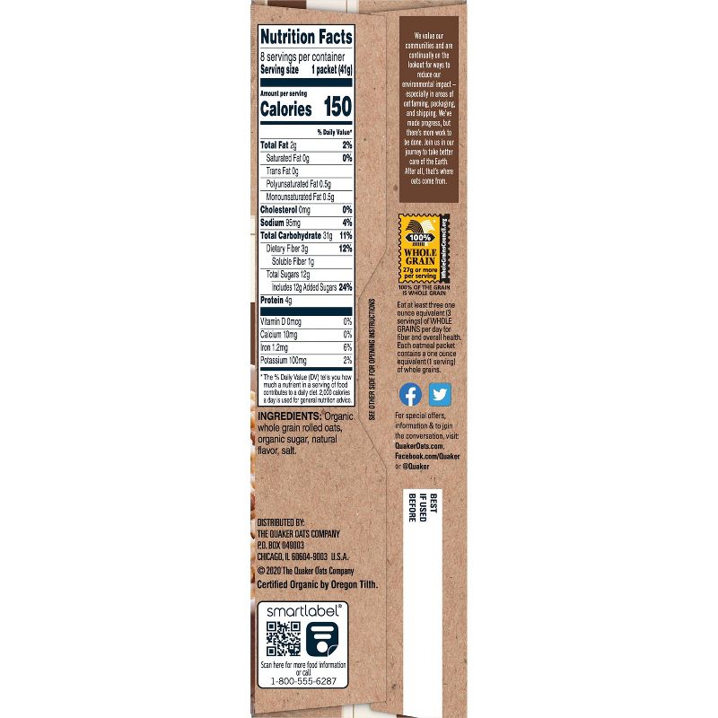 Quaker Organic Instant Oatmeal Maple and Brown Sugar - 8ct