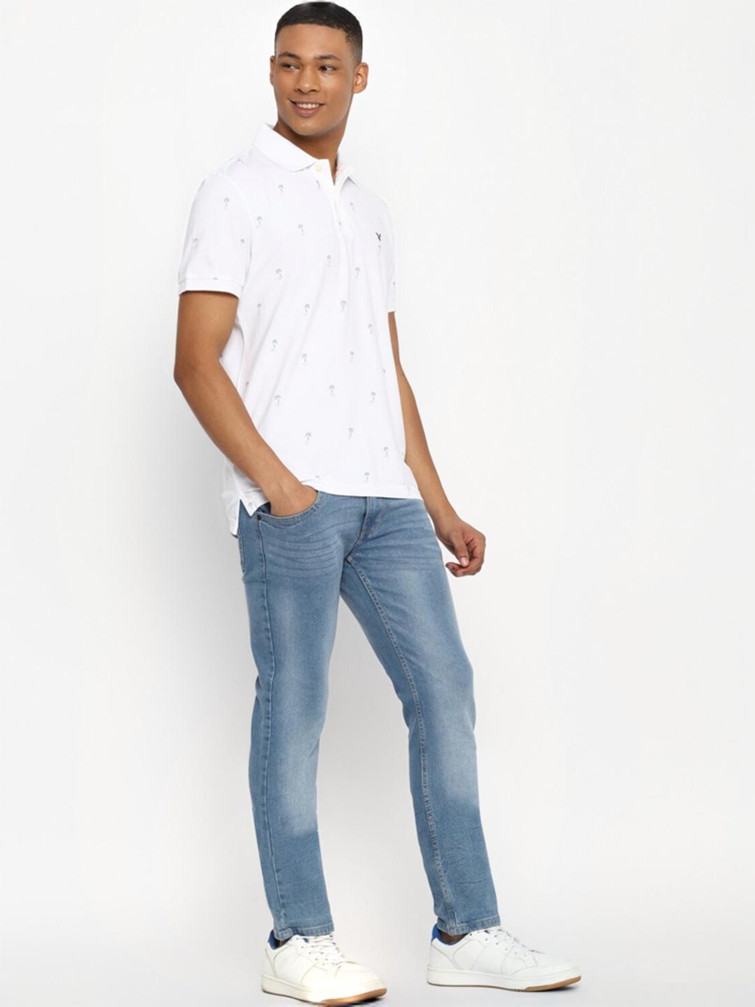 American Eagle White Cotton Skinny Fit Printed Polo T-Shirts