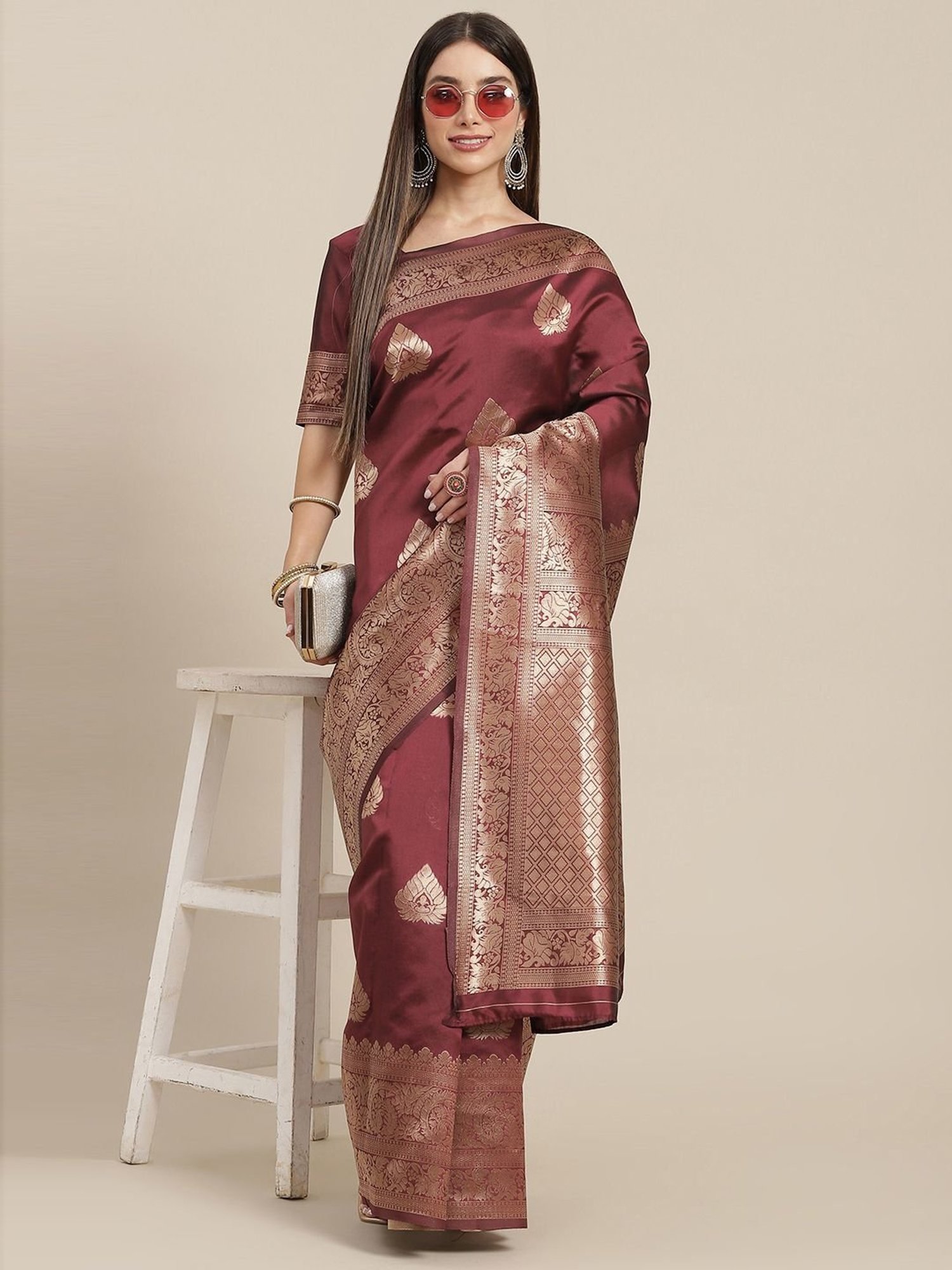 KSUT Maroon Silk Woven Saree With Unstitched Blouse