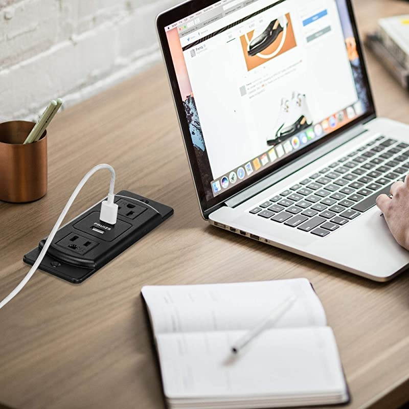 Conference Recessed Power Strip Socket with USB Ports  Desktop Power Grommet Table Power Strip Desktop Charging Station with 2Outlets and 2 USB Ports 10Ft Extension Power Cord